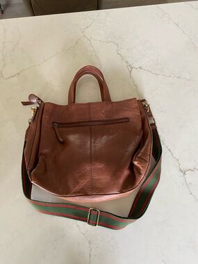 Brown Leather Tote with Green & Red Stripe Shoulder Strap